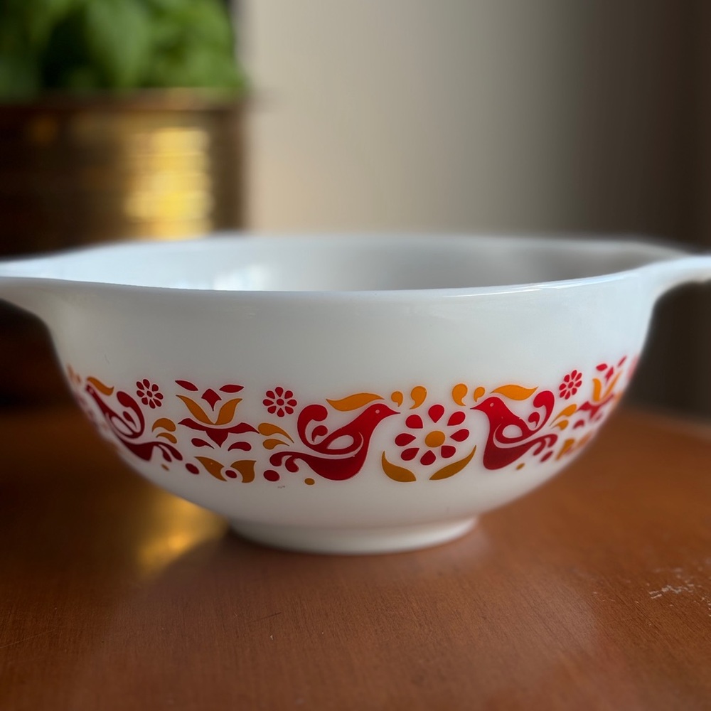 Pyrex 443 Mixing Bowl Retro Floral White Bowl with Red Orange Ovenproof Bowl MCM